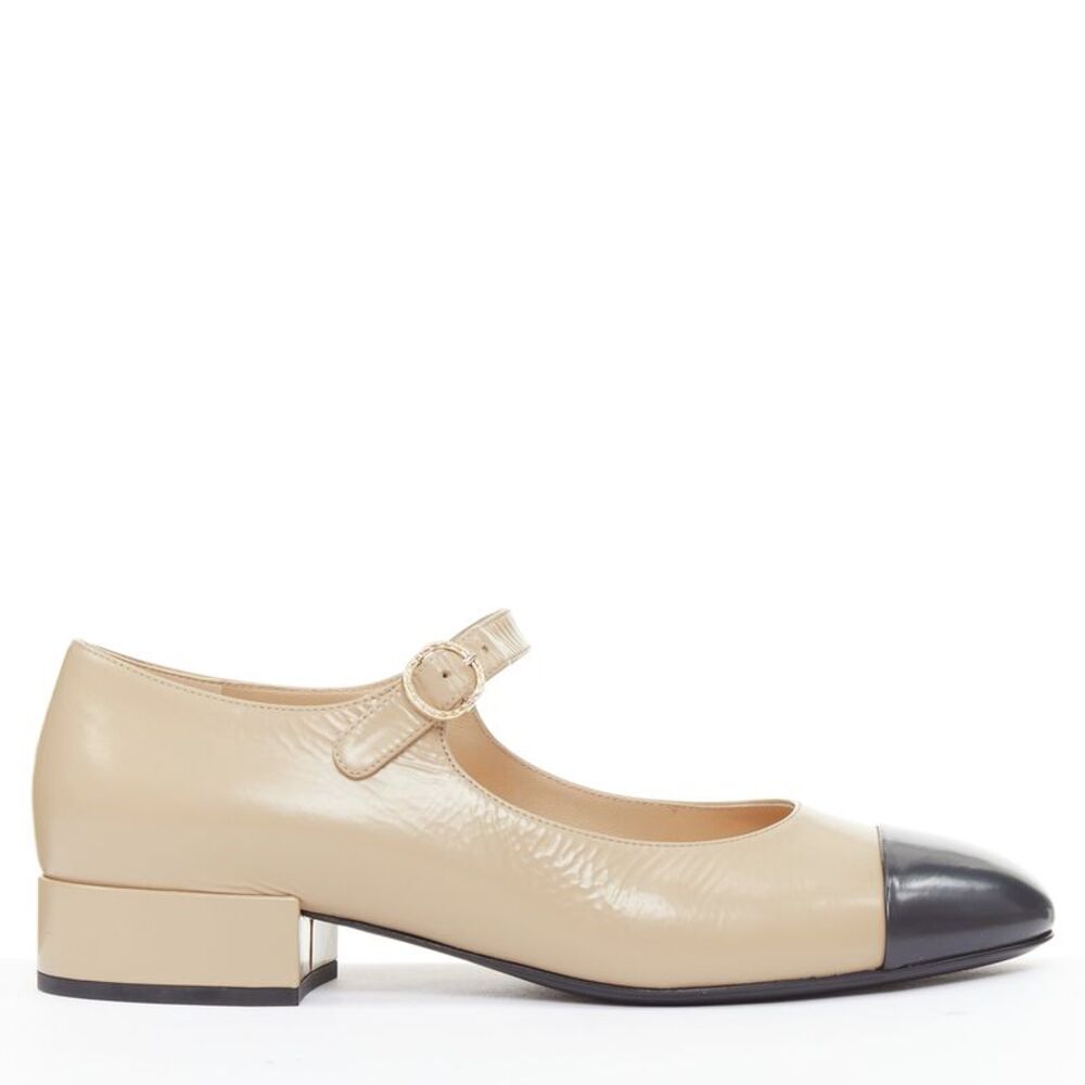 Chanel Leather Cap Toe Block Heel Flats